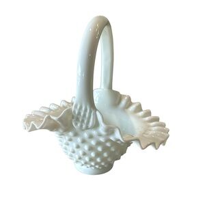 Vintage Fenton style Hobnail Milk Glass Crimped Footed Handled Basket 7.5"